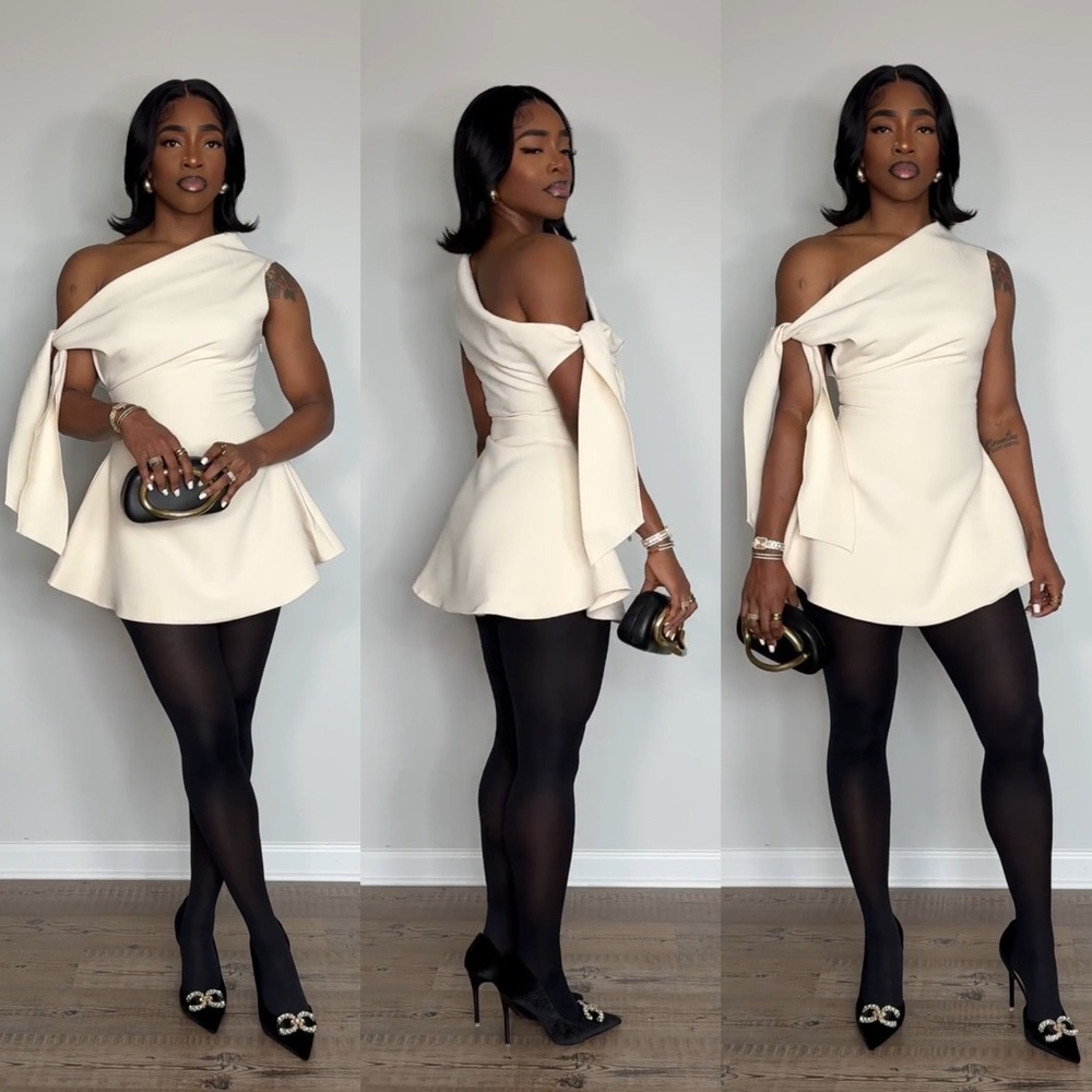 One-Shoulder Cream Mini Dress with Draped Bow